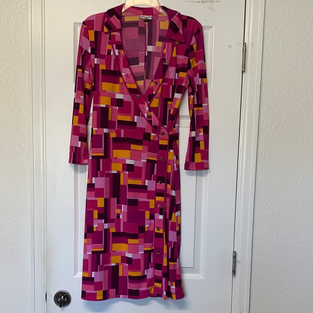 Isaac Mizrahi Pink Geometric Long-Sleeve Wrap Dress